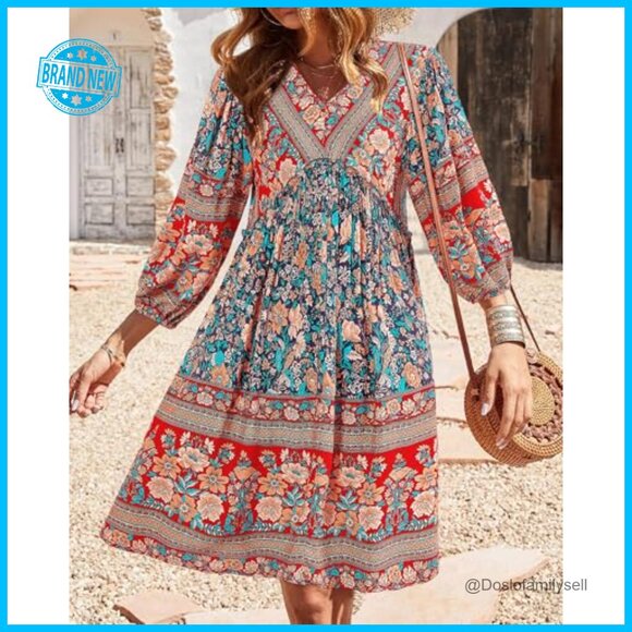 V-Neck Flowy Boho Mini Dress 3/4 Sleeve Ruffle Detail Loose Fit Casual - Picture 3 of 7